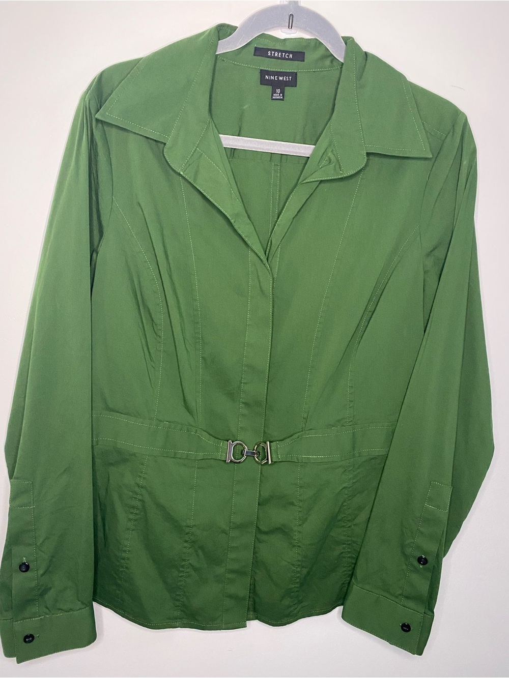 (SOLD)Nine West Green Stretch Belted Shirt Jacket